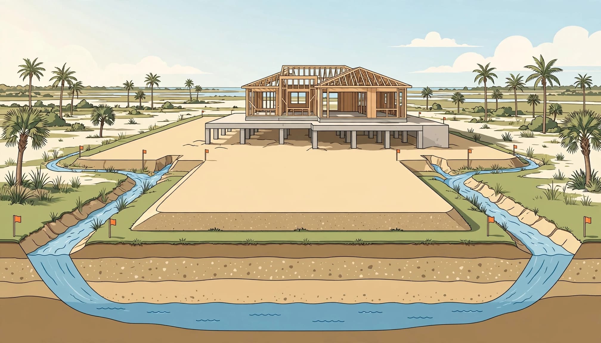 A raised home pad, drainage swales, and survey stakes on a flat Florida lot.