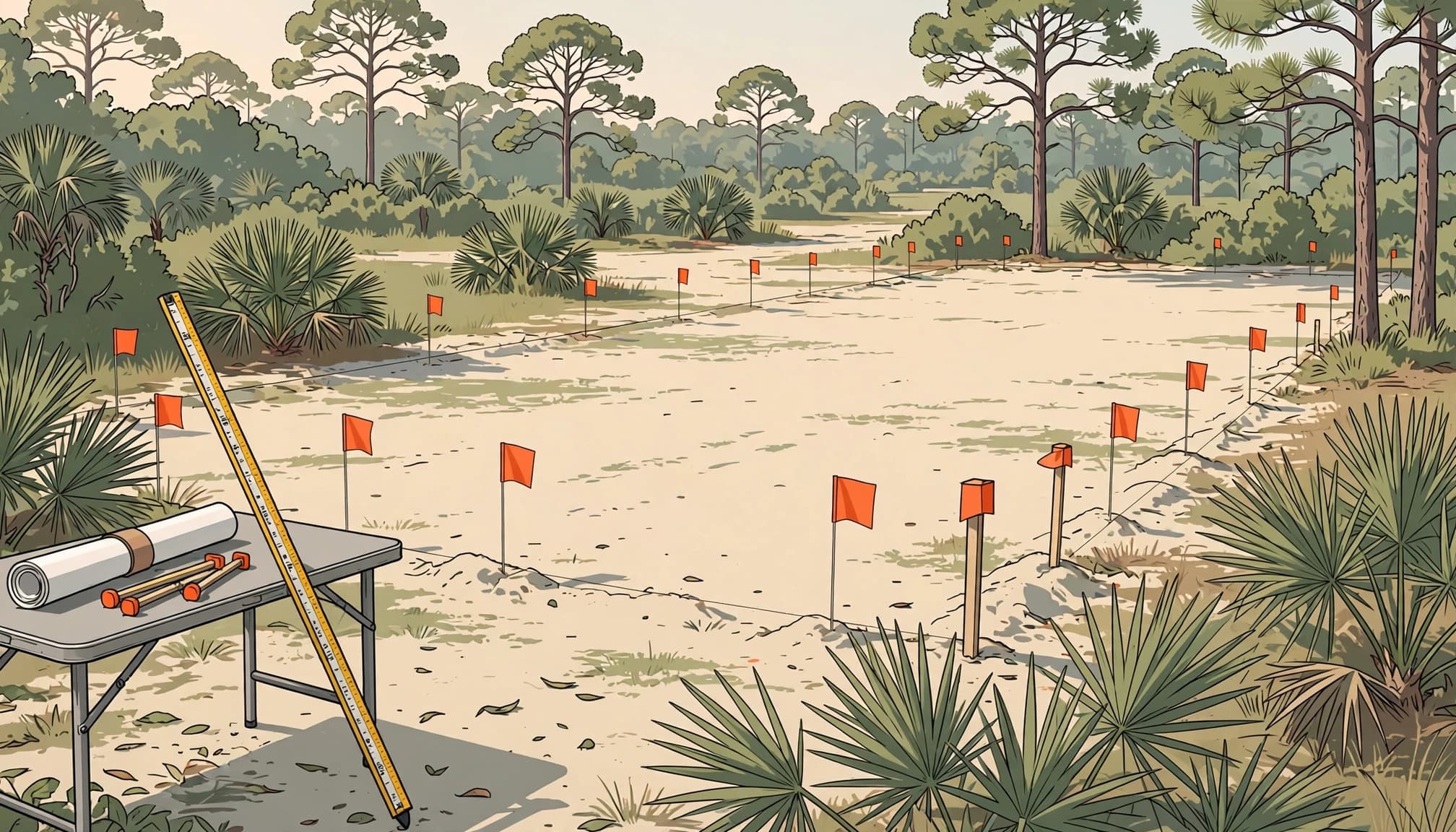 Vacant Florida lot with survey stakes, orange flags, and a site plan on a folding table.