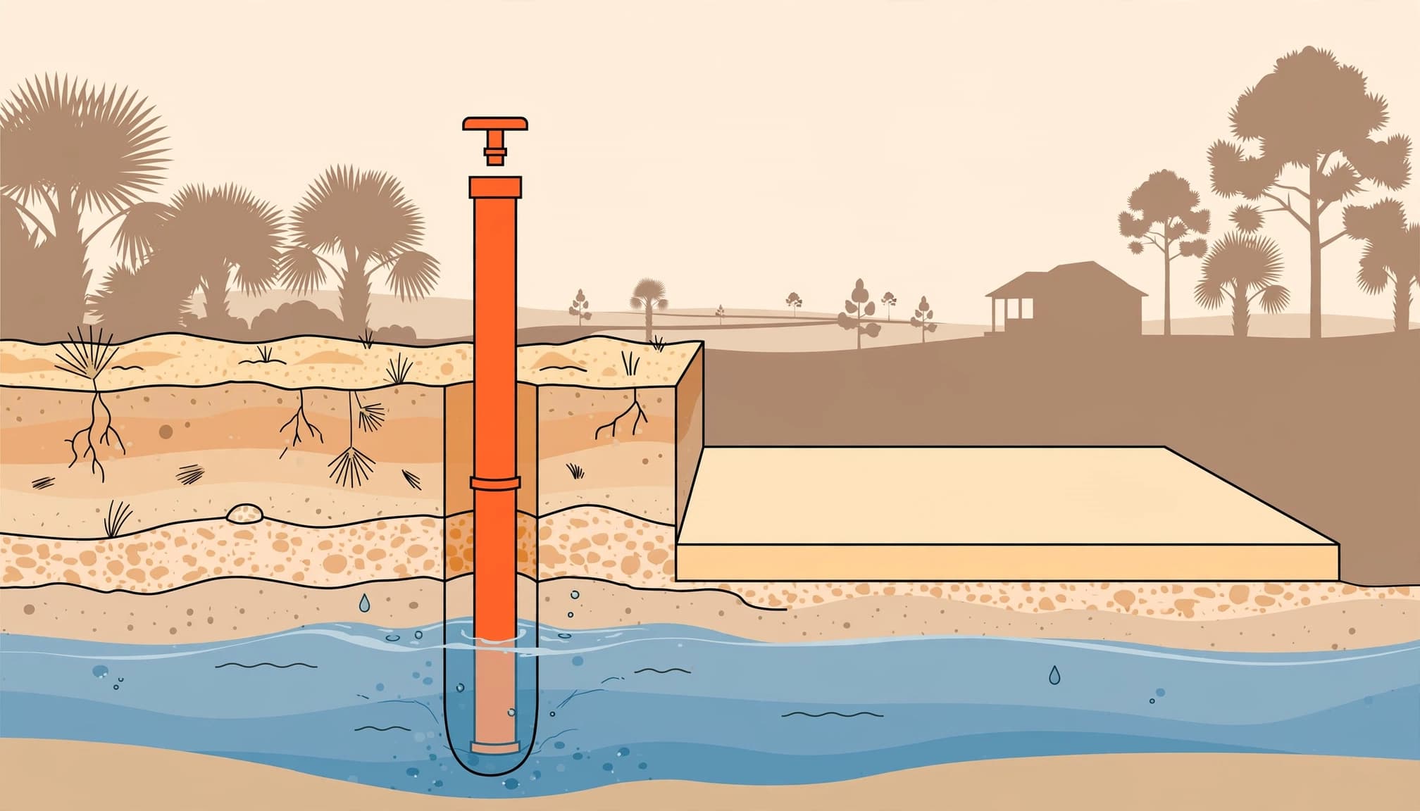 Florida well water testing starts with a planned private well beside a home foundation.