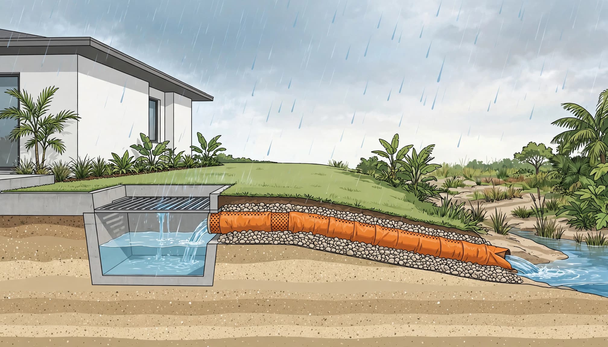 Cutaway view of a Florida home drainage pipe, gravel, catch basin, and discharge outlet.