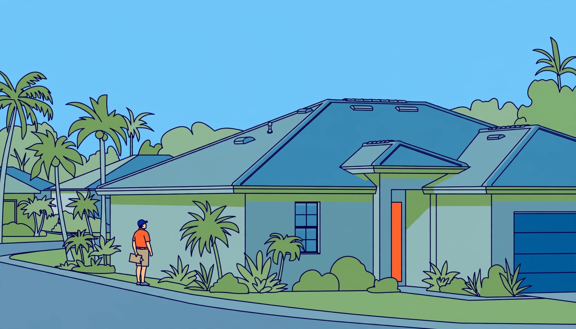 An inspector reviews a new home's roof for Florida home insurance documentation.