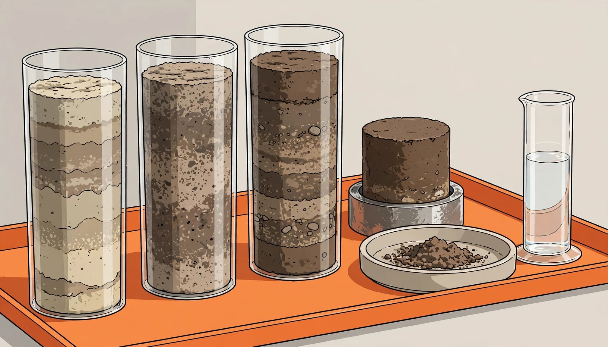 Soil cores and a compacted sample beside moisture testing equipment in a laboratory.