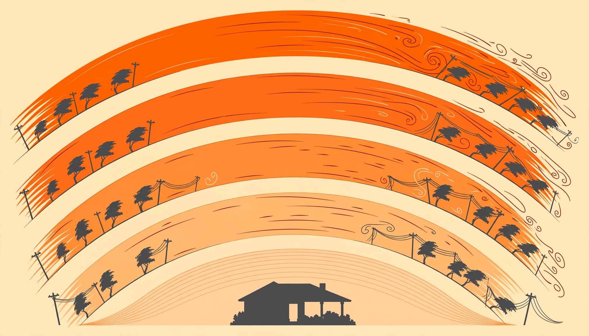 Five stronger wind bands curve around a Florida home as trees and power lines bend.