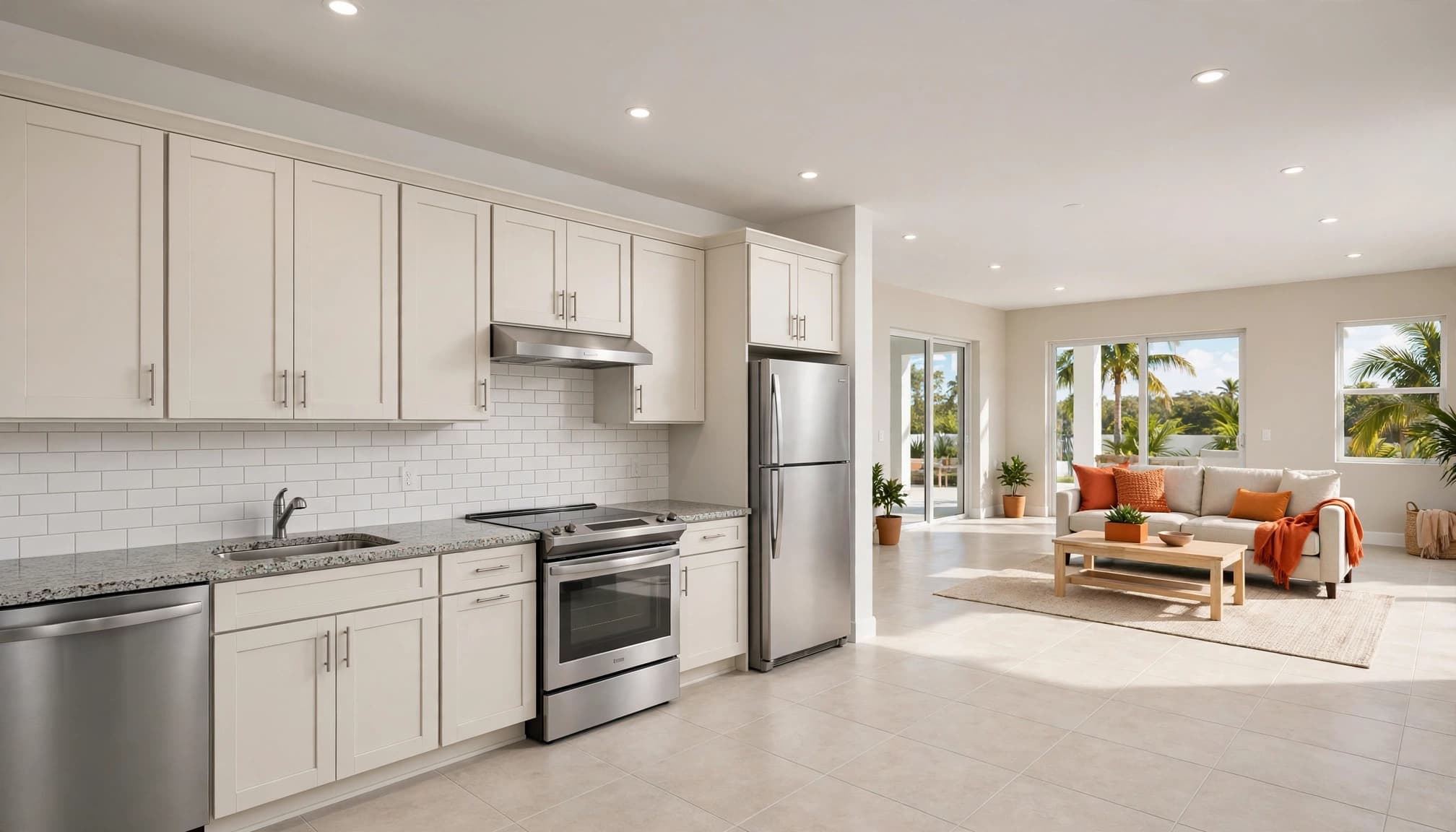 Bright modern kitchen opening to a living area with orange accents.