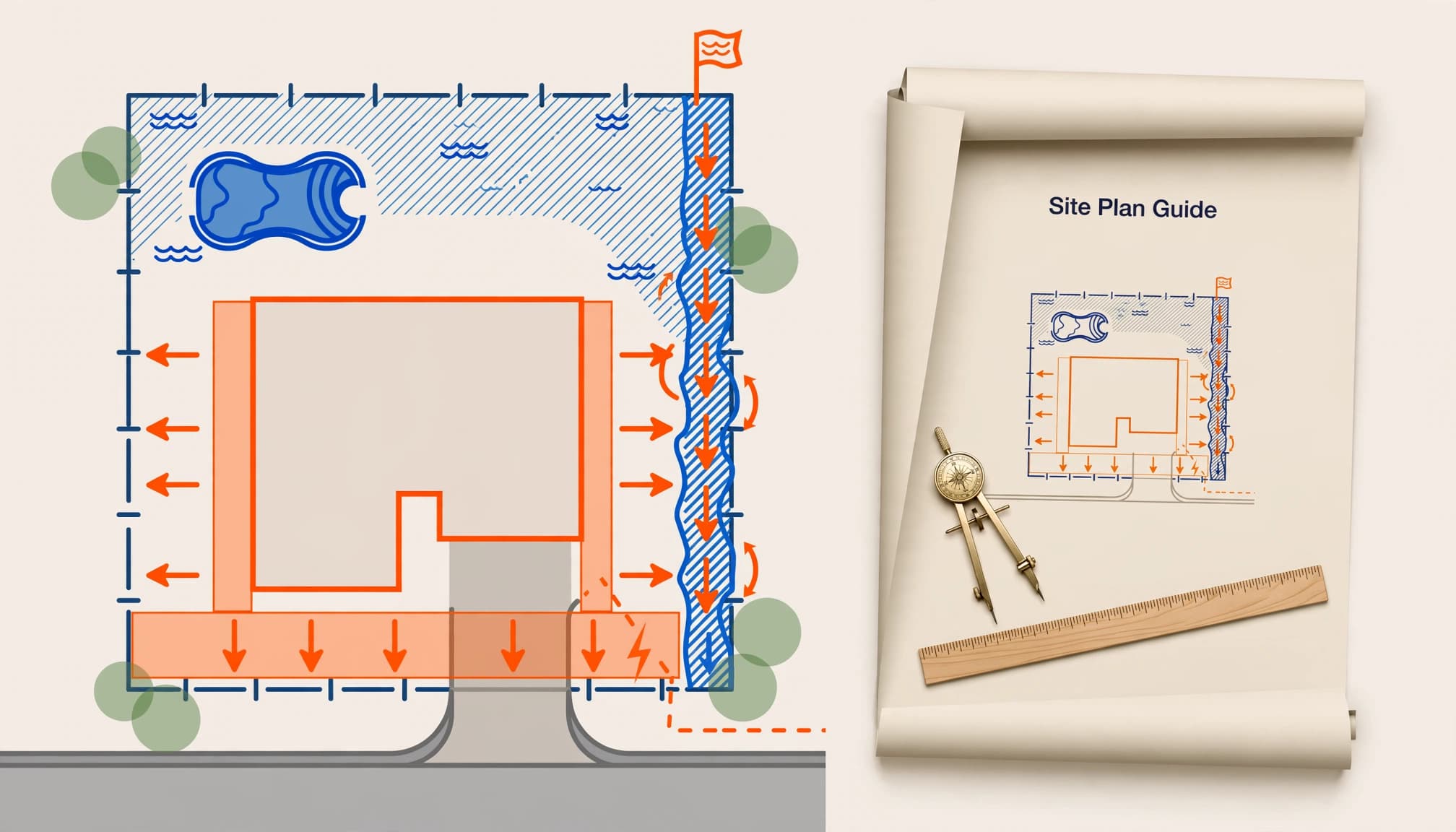 Overhead lot plan showing a house, setbacks, driveway, pool, drainage swale, utility route, and rolled measuring tools.