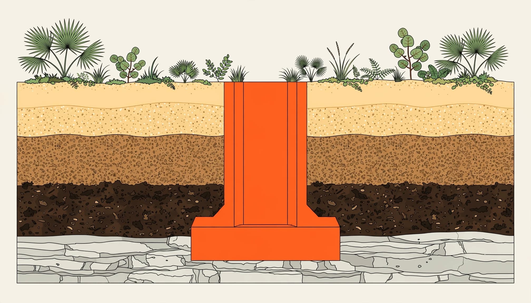 A concrete foundation crosses layered sand, fill, organic soil, and limestone beneath tropical vegetation.