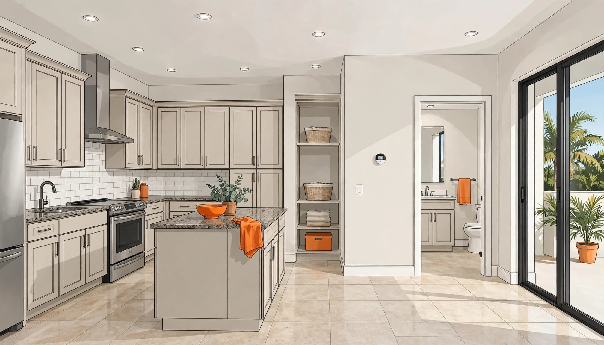 Bright modern interior showing new home standard features, including cabinets, appliances, flooring, and a wall thermostat.