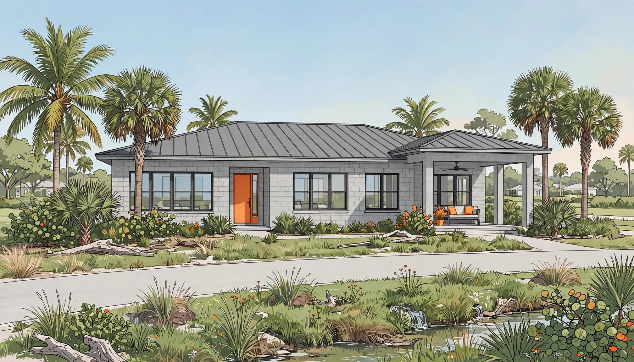 Florida home with impact windows, metal roof, covered lanai, and palm landscaping.