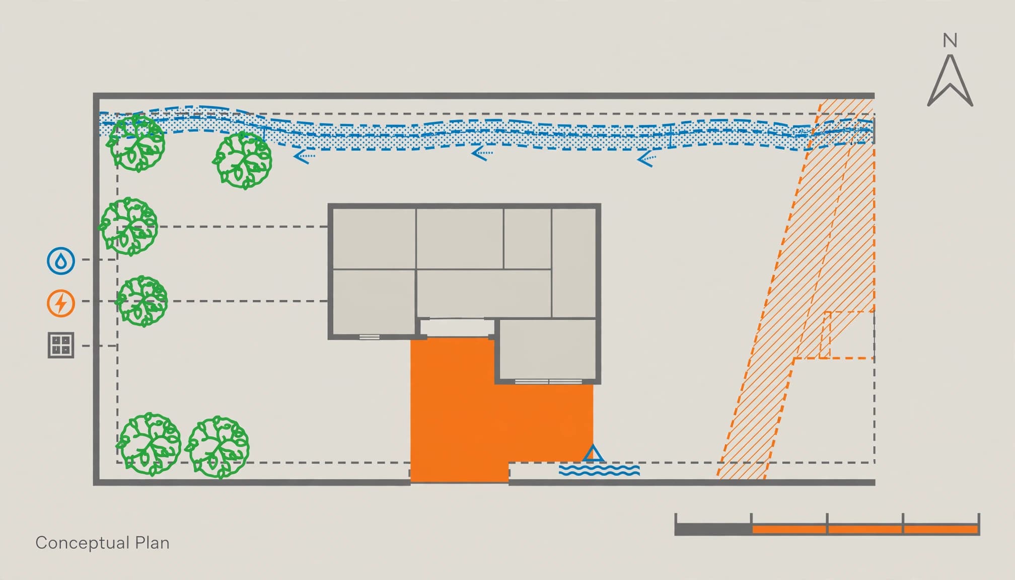 Top-down site plan showing a Florida home, driveway, drainage swale, trees, and property boundaries.
