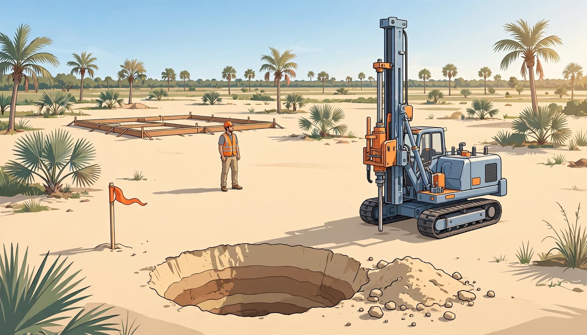 A drilling rig and open soil boring on a sandy residential lot with palms.