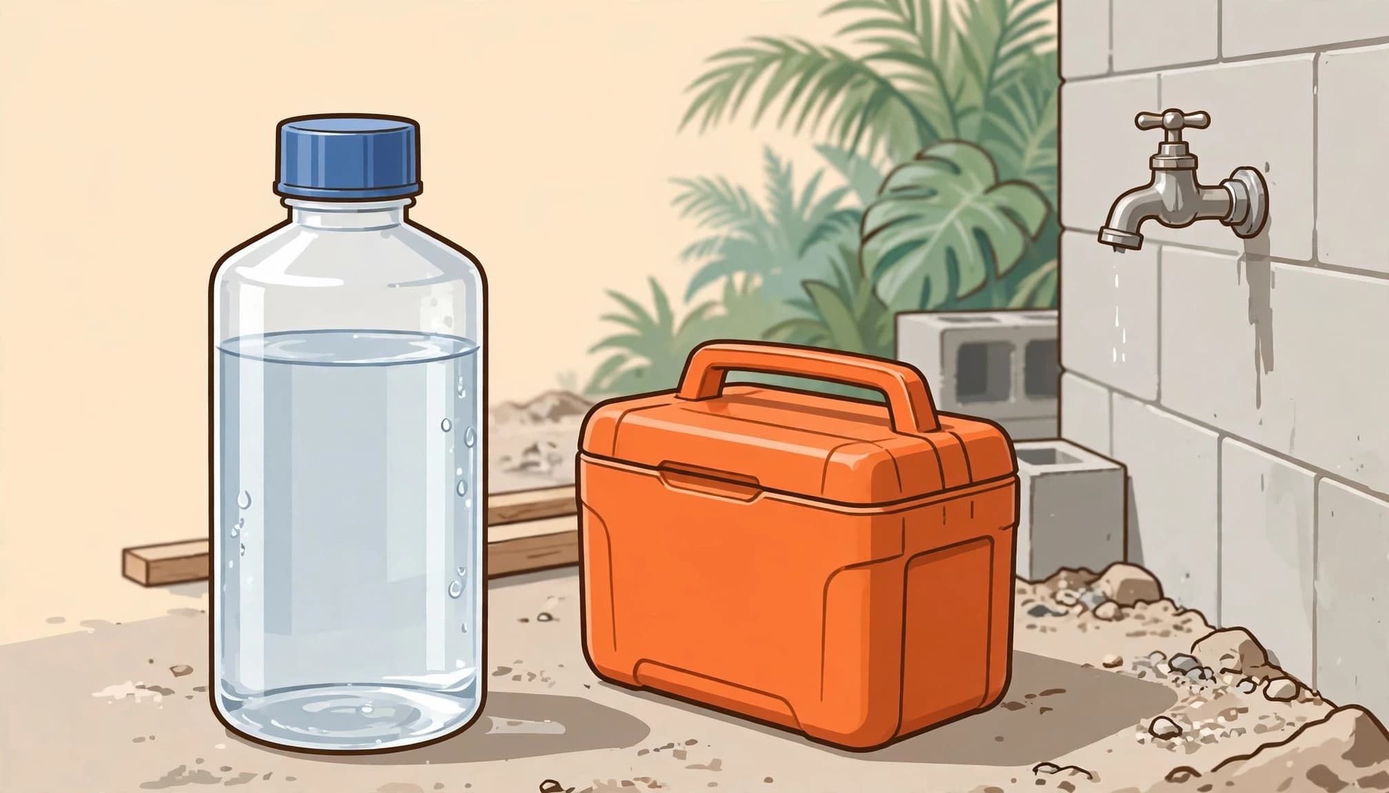 A capped sample bottle and small cooler beside an outdoor water tap.