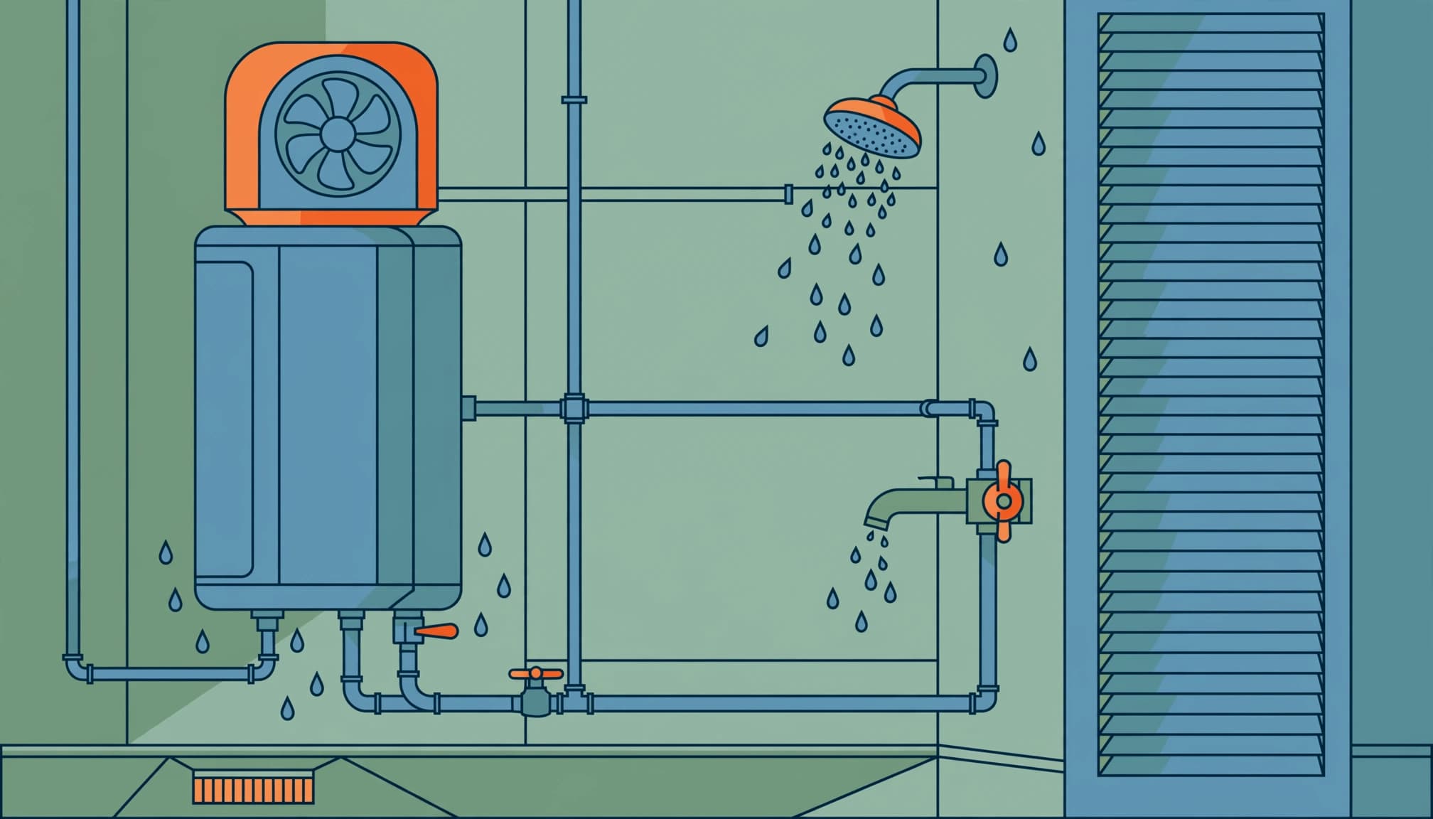 A heat pump water heater, showerhead, and faucet illustrated in a residential utility room.