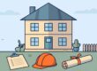 A two-story house with an inspection clipboard, hard hat, and rolled plans in front.