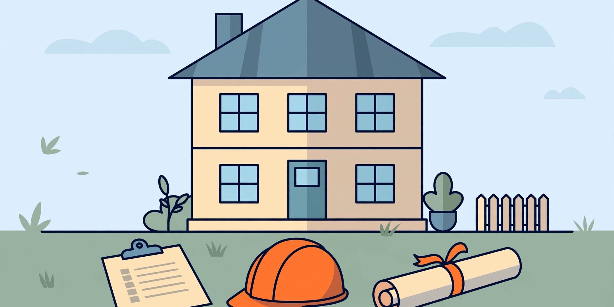 A two-story house with an inspection clipboard, hard hat, and rolled plans in front.