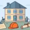 A two-story house with an inspection clipboard, hard hat, and rolled plans in front.