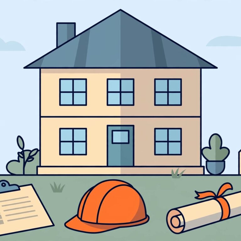 A two-story house with an inspection clipboard, hard hat, and rolled plans in front.