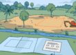 A cleared lot with trees, a house outline, drainage swale, excavator, and permit papers.