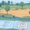 A cleared lot with trees, a house outline, drainage swale, excavator, and permit papers.