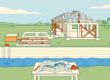 A partly built Florida home beside a septic tank, drainfield, well, and site plan.