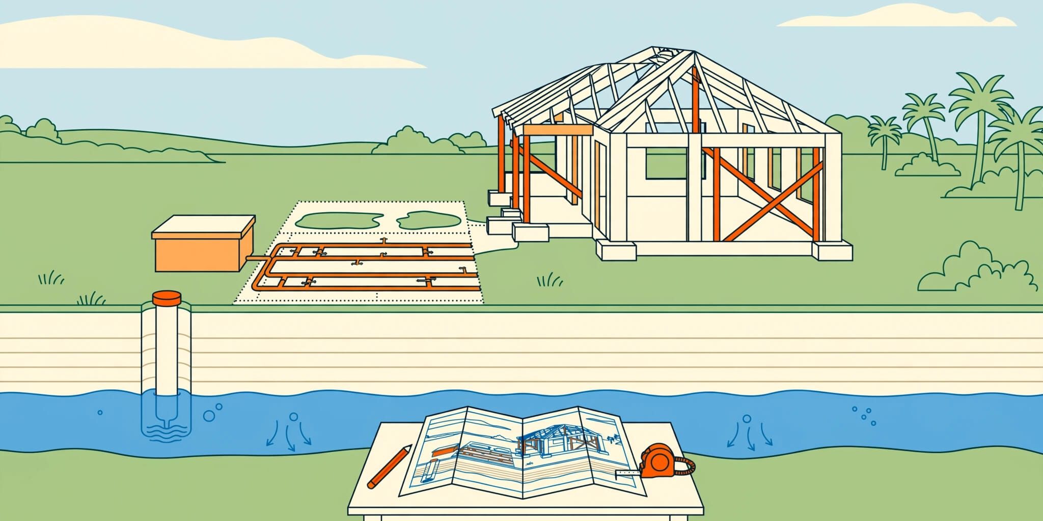 Florida Septic Construction Site A partly built Florida home beside a septic tank, drainfield, well, and site plan.