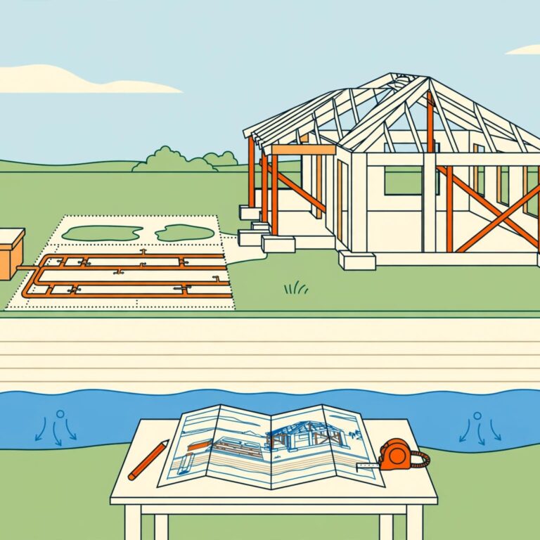 A partly built Florida home beside a septic tank, drainfield, well, and site plan.