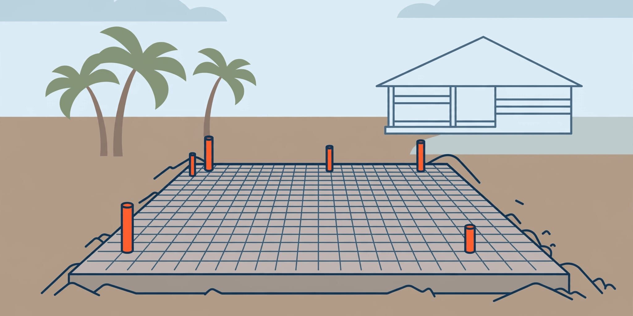 A concrete home foundation with reinforcement mesh, plumbing stubs, and palm trees nearby.