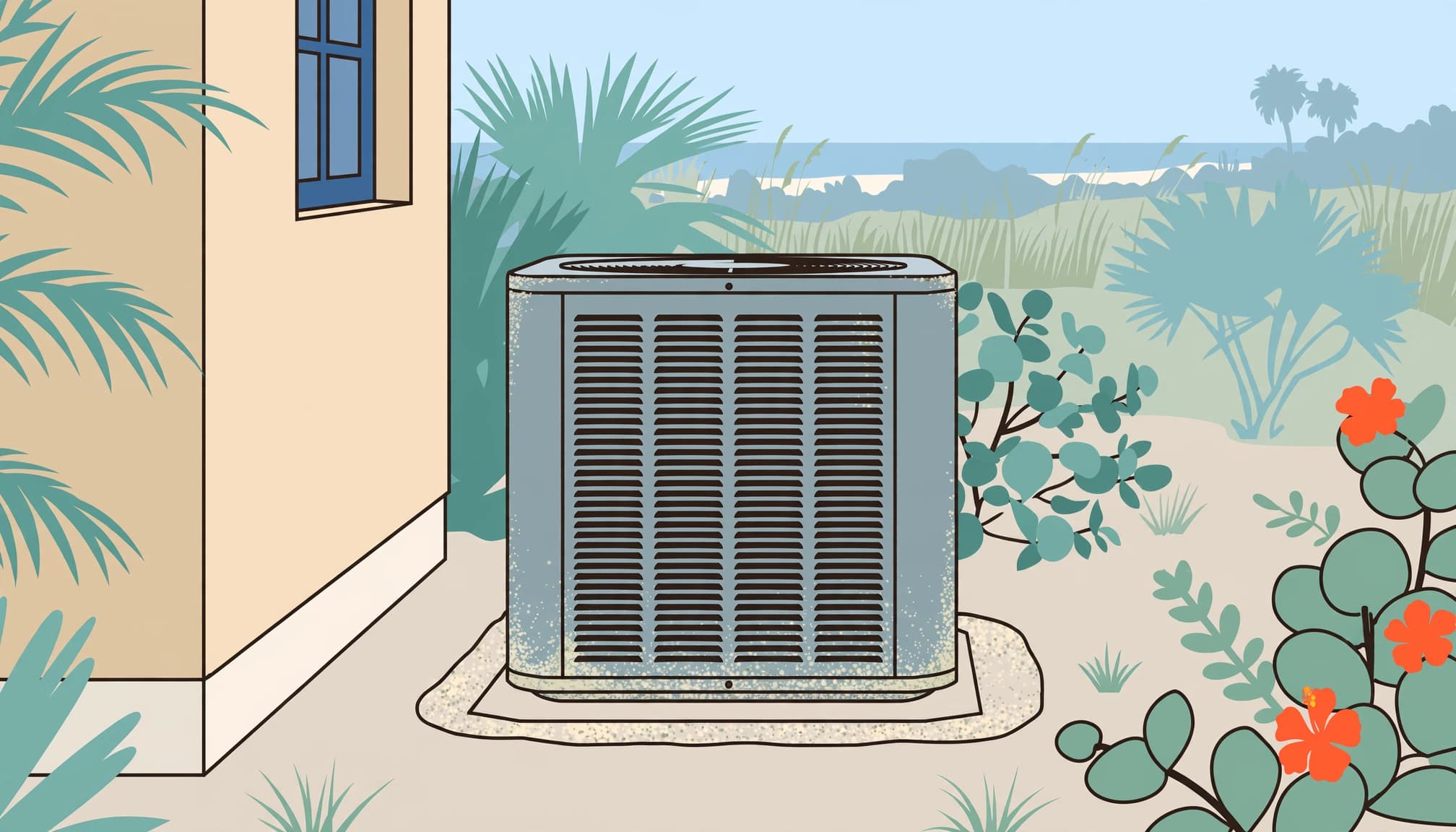 An outdoor AC unit stands clear of plants beside a Florida stucco home.