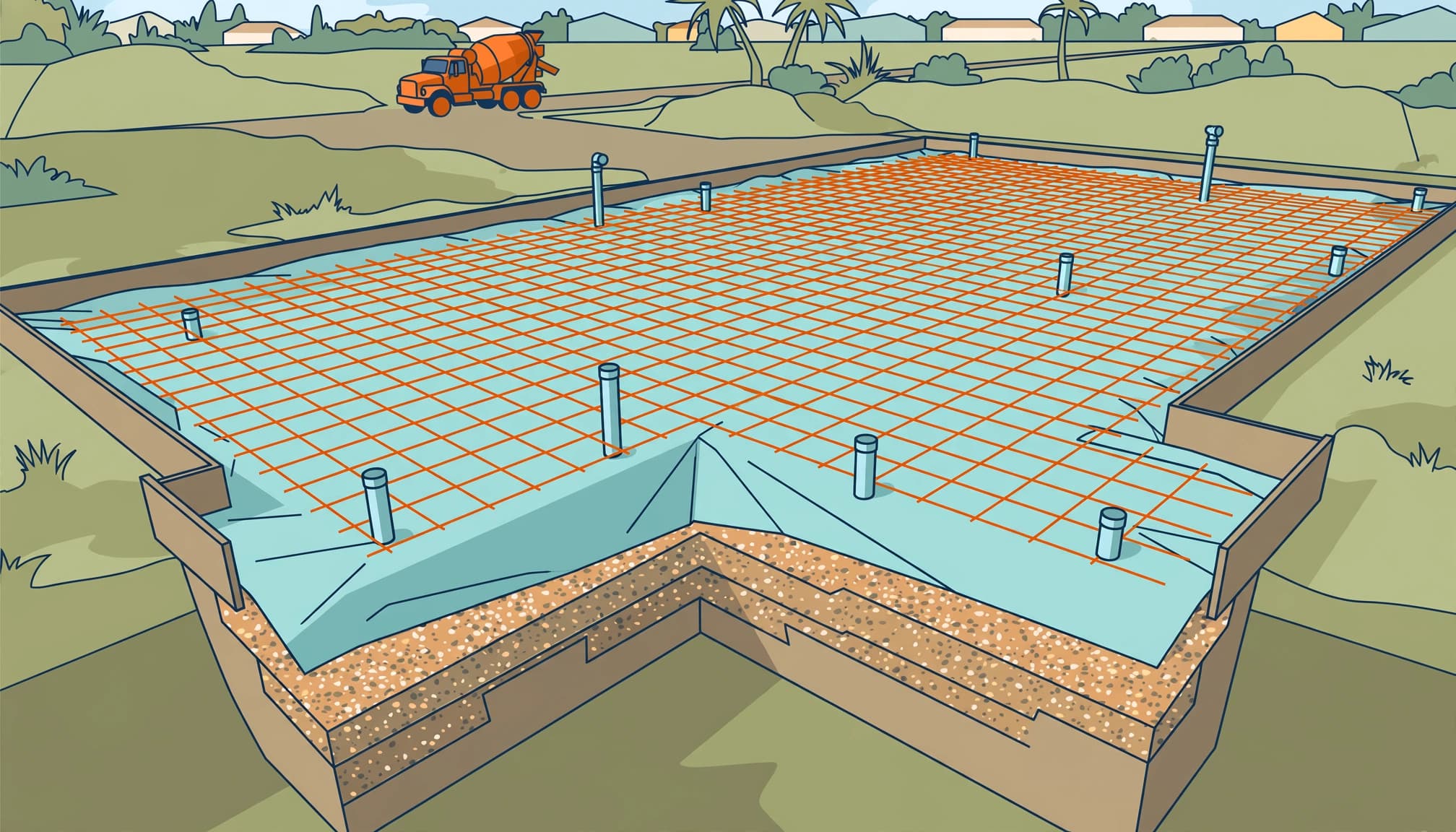 Florida slab pour preparation showing reinforcement, vapor barrier, and under-slab plumbing.
