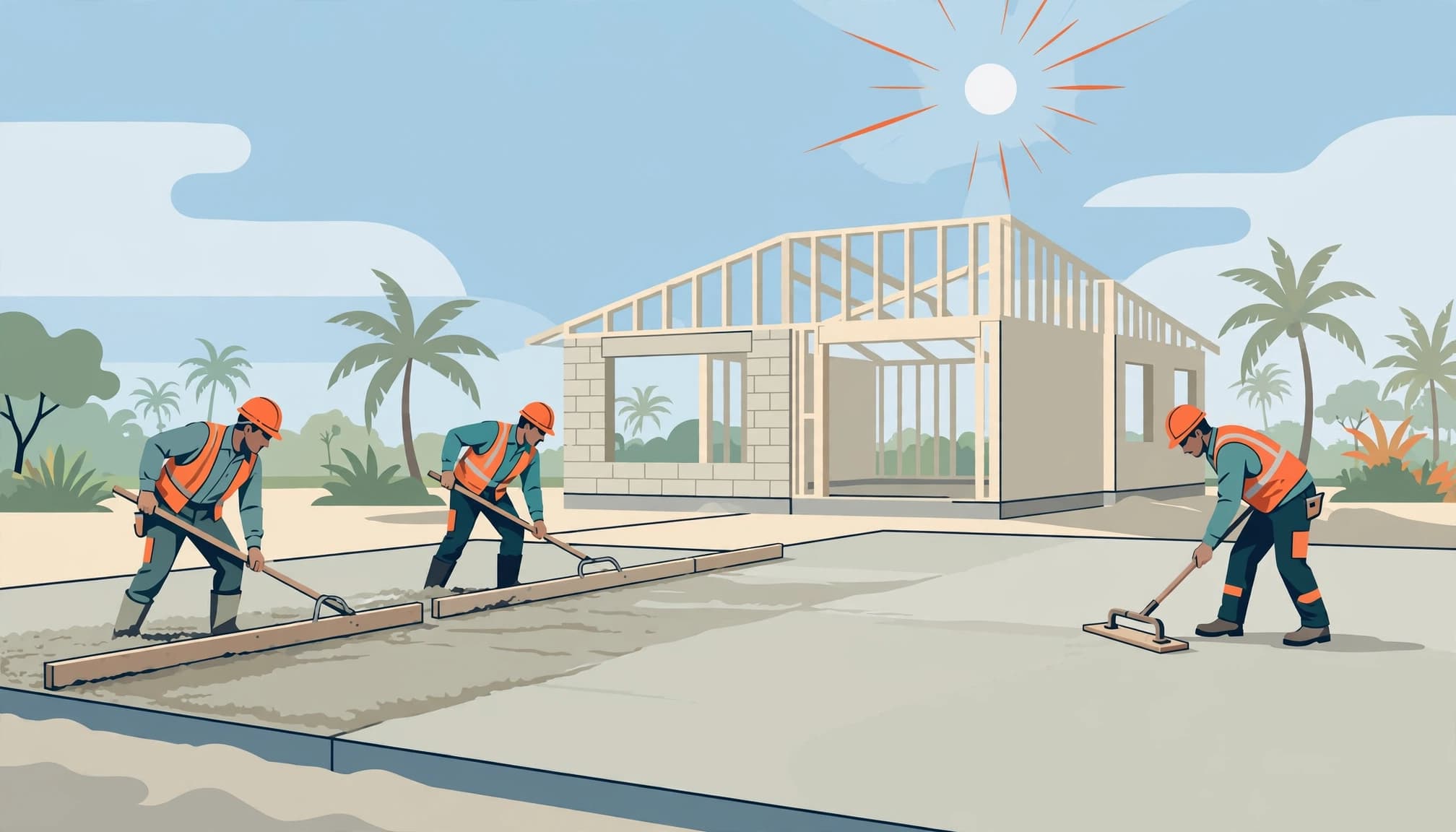 An illustrated Florida slab pour with workers placing, leveling, and finishing concrete.