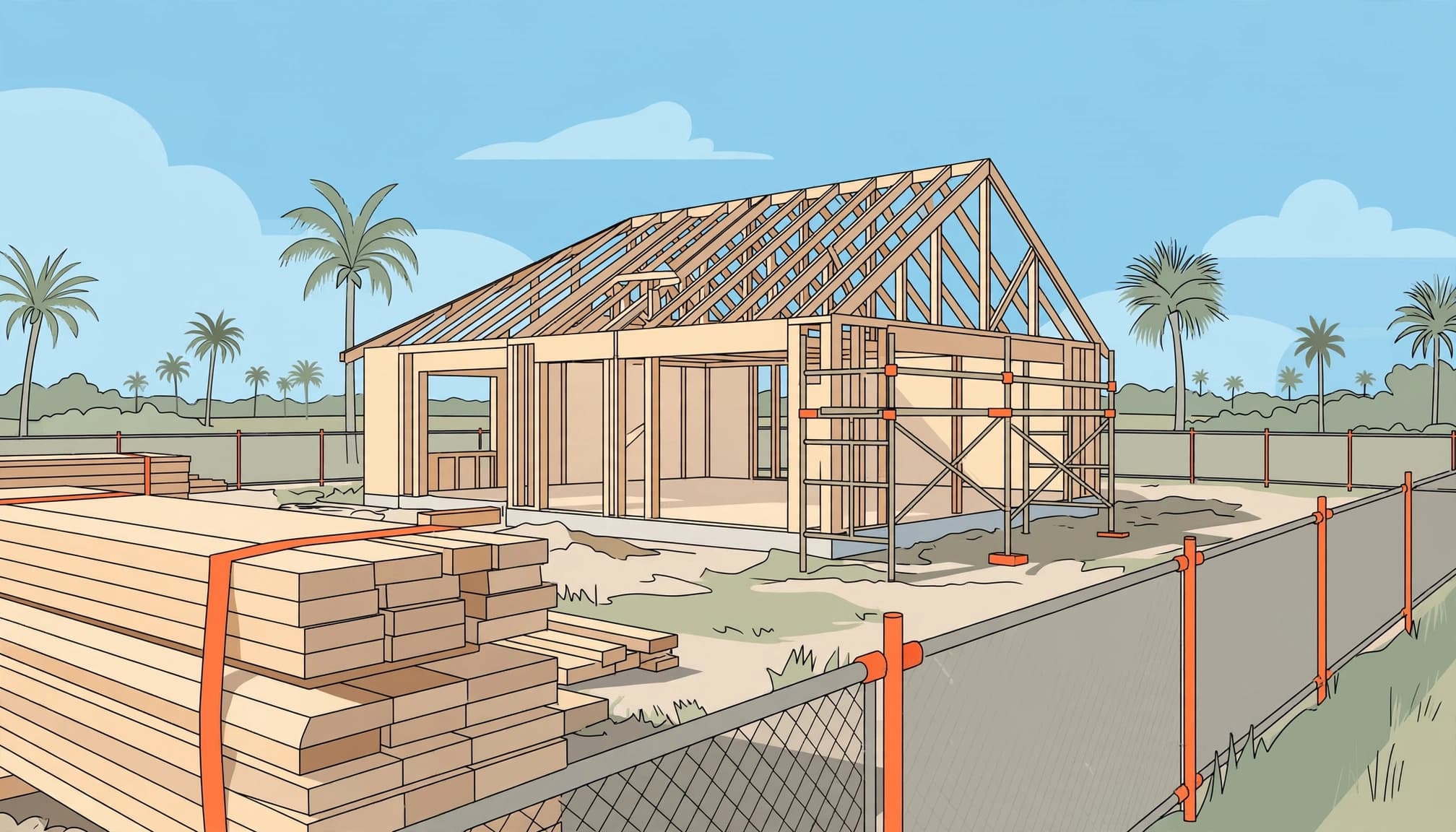 Florida builders risk insurance illustration showing a home under construction with stacked materials and temporary fencing.