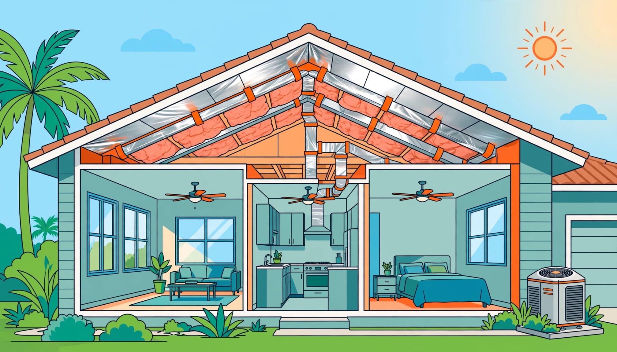 Florida home energy upgrades shown in a cutaway with attic insulation, sealed ducts, and efficient windows.