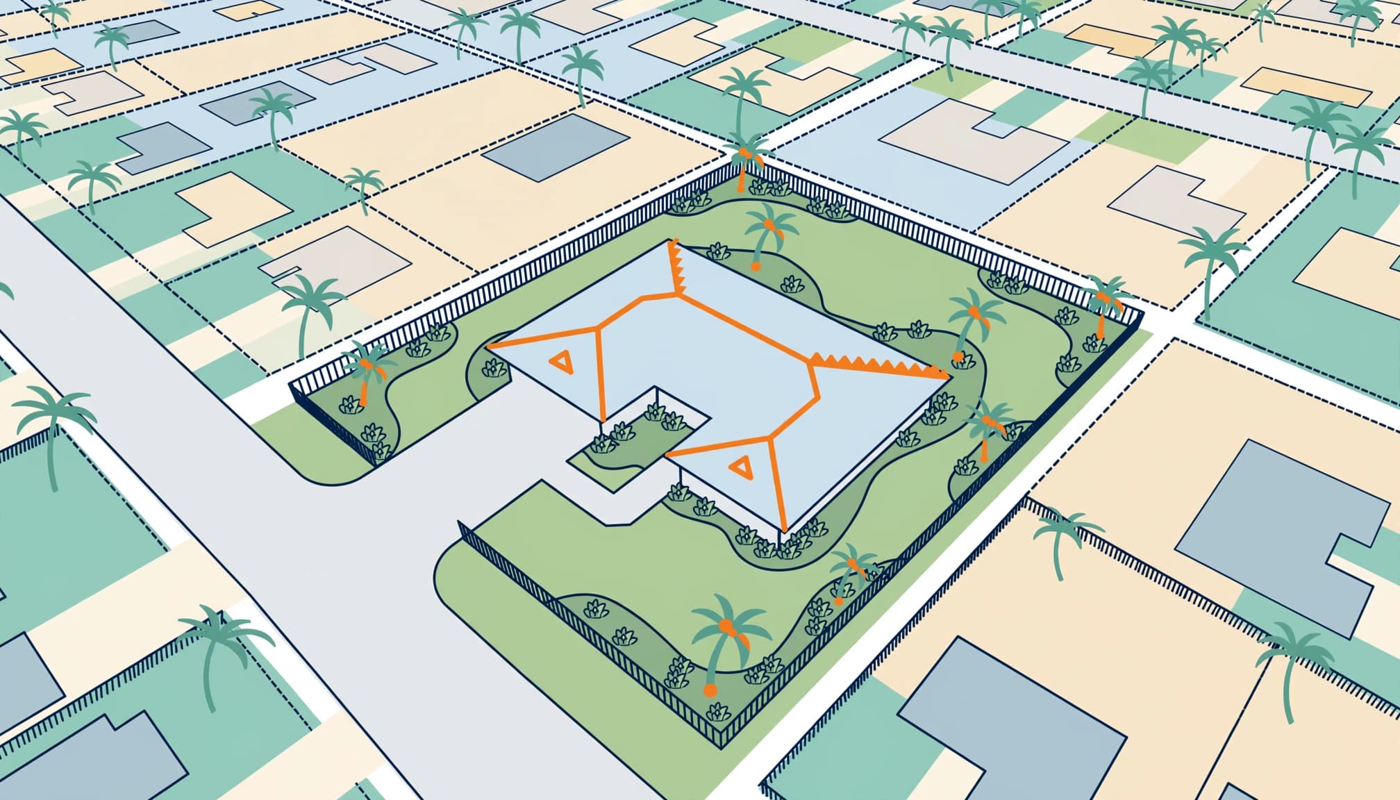 Florida deed restrictions review illustrated with a home footprint, fence, driveway, and landscaped lot.