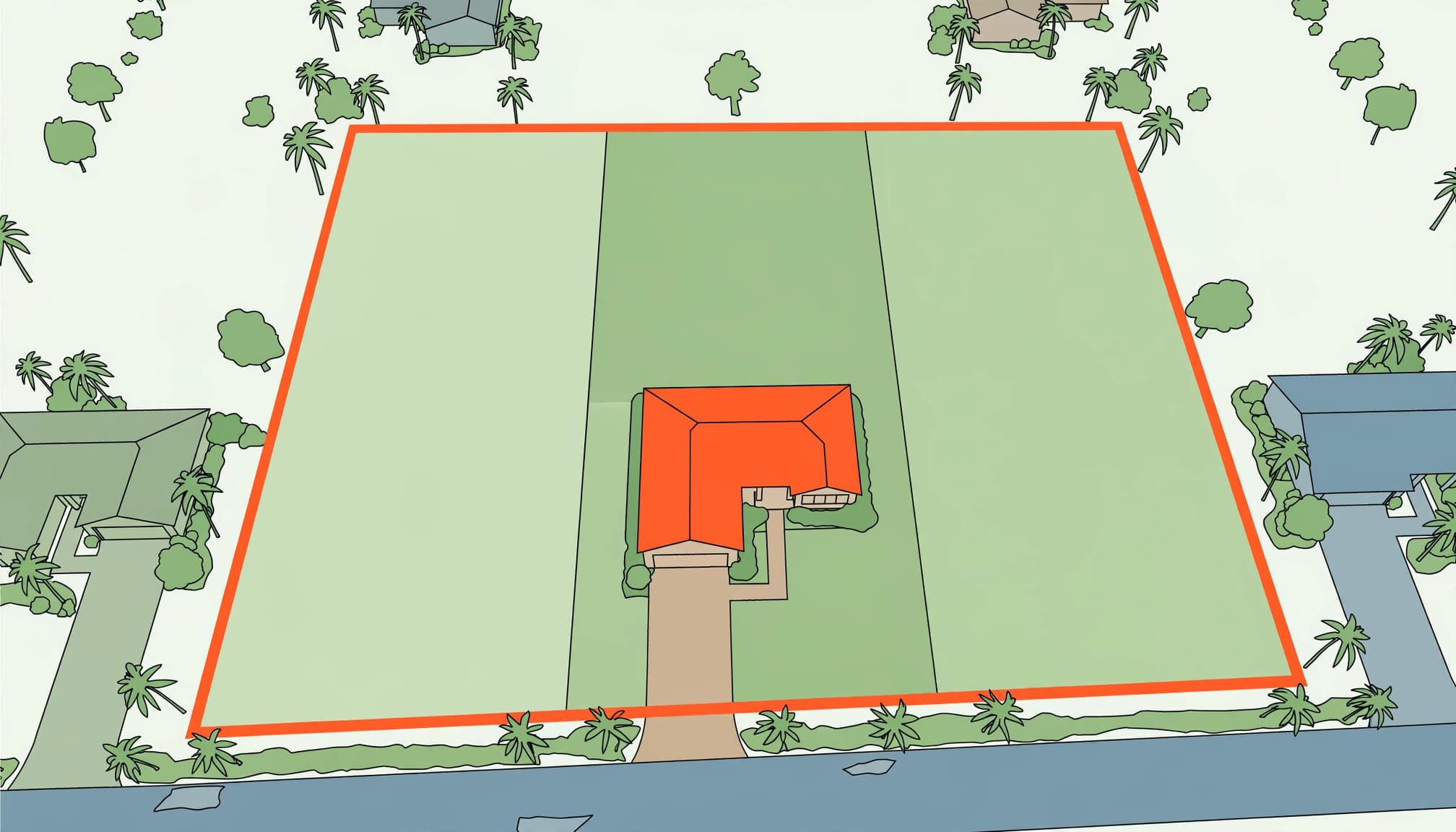 Florida zoning setbacks illustrated with a home, yard boundaries, and a street right-of-way.
