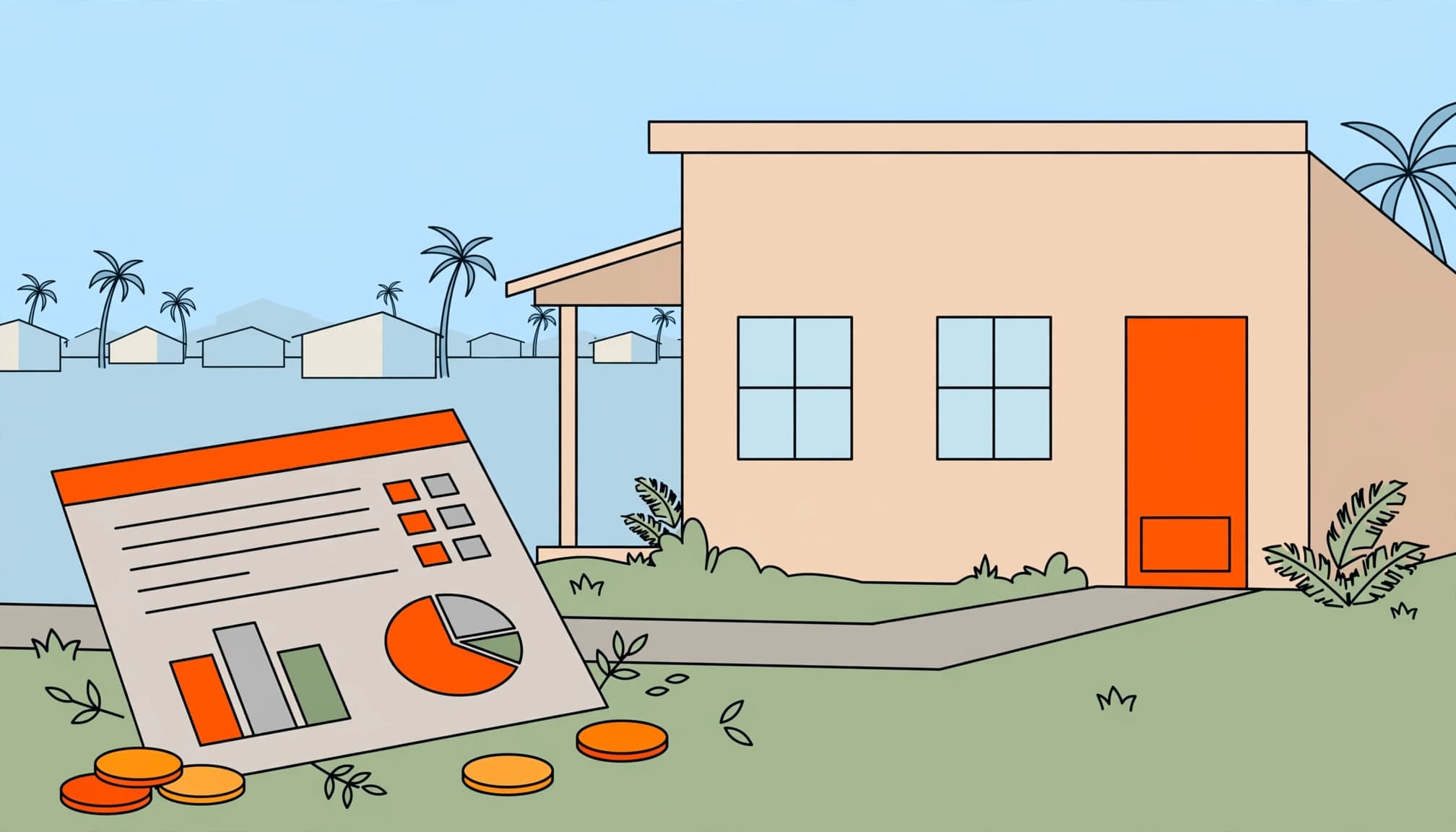 Florida property taxes illustrated with a newly built home, appraisal worksheet, and coins.