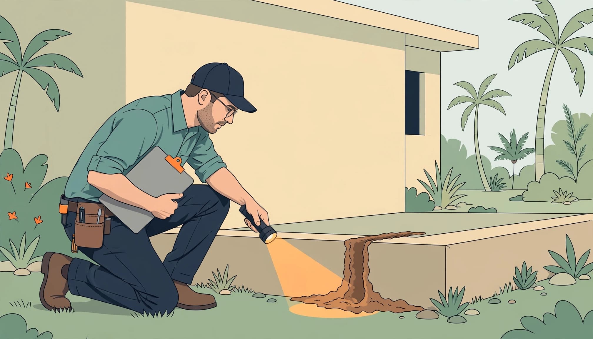 A termite inspector checking a new home's foundation