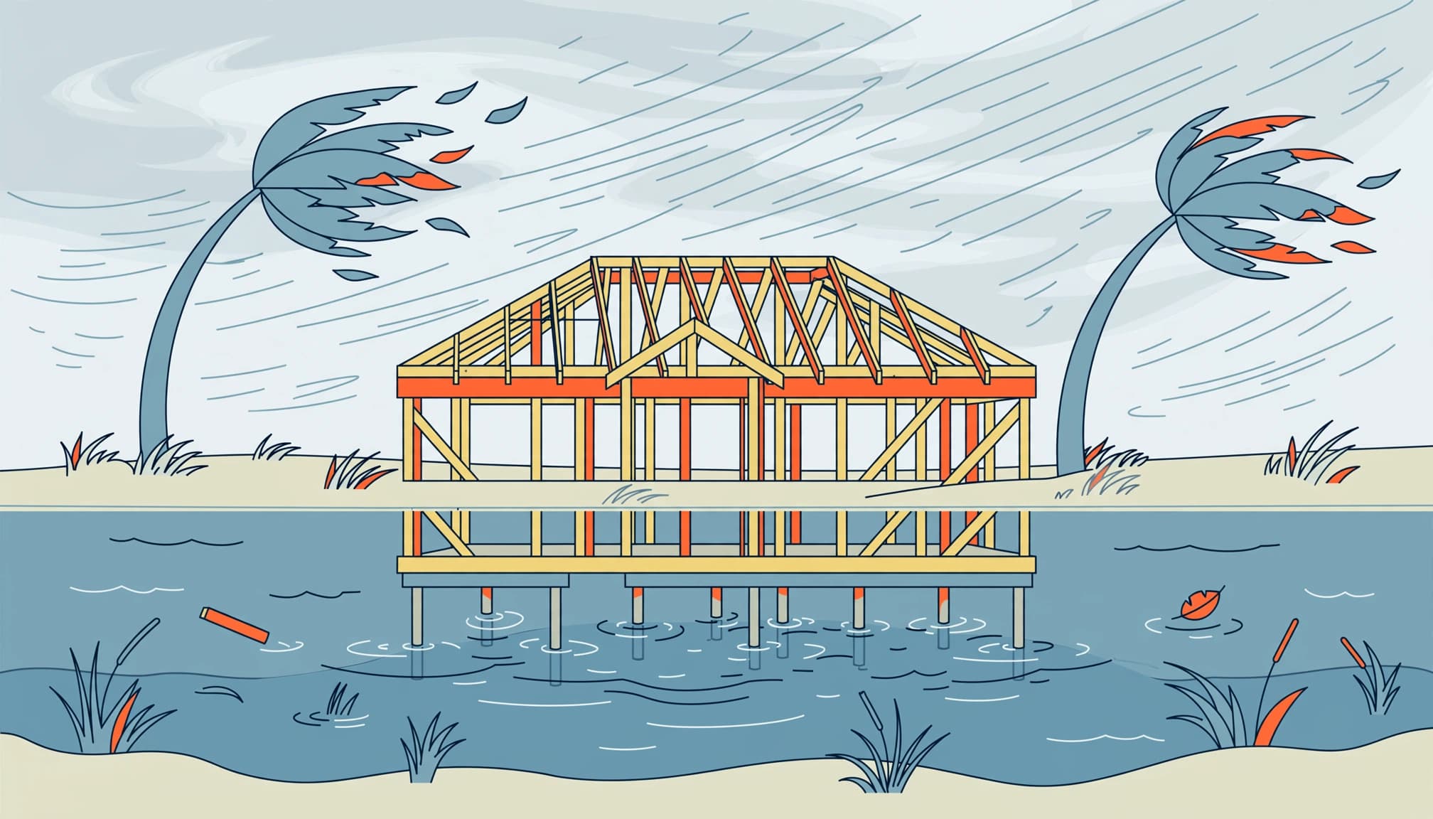Florida builders risk insurance illustration contrasting wind exposure with rising floodwater around a home under construction.