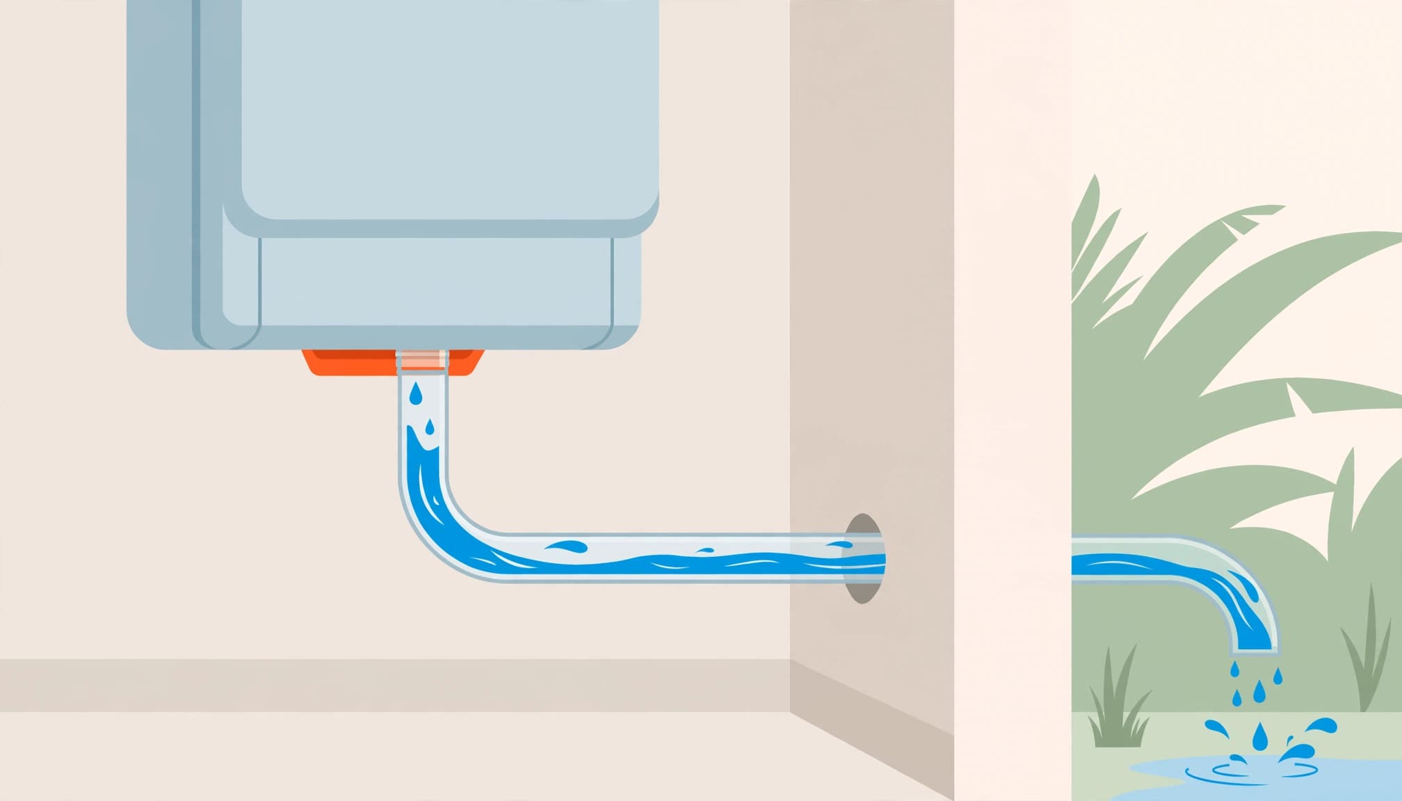 An air handler with water in a clear drain pipe and a small pan underneath.