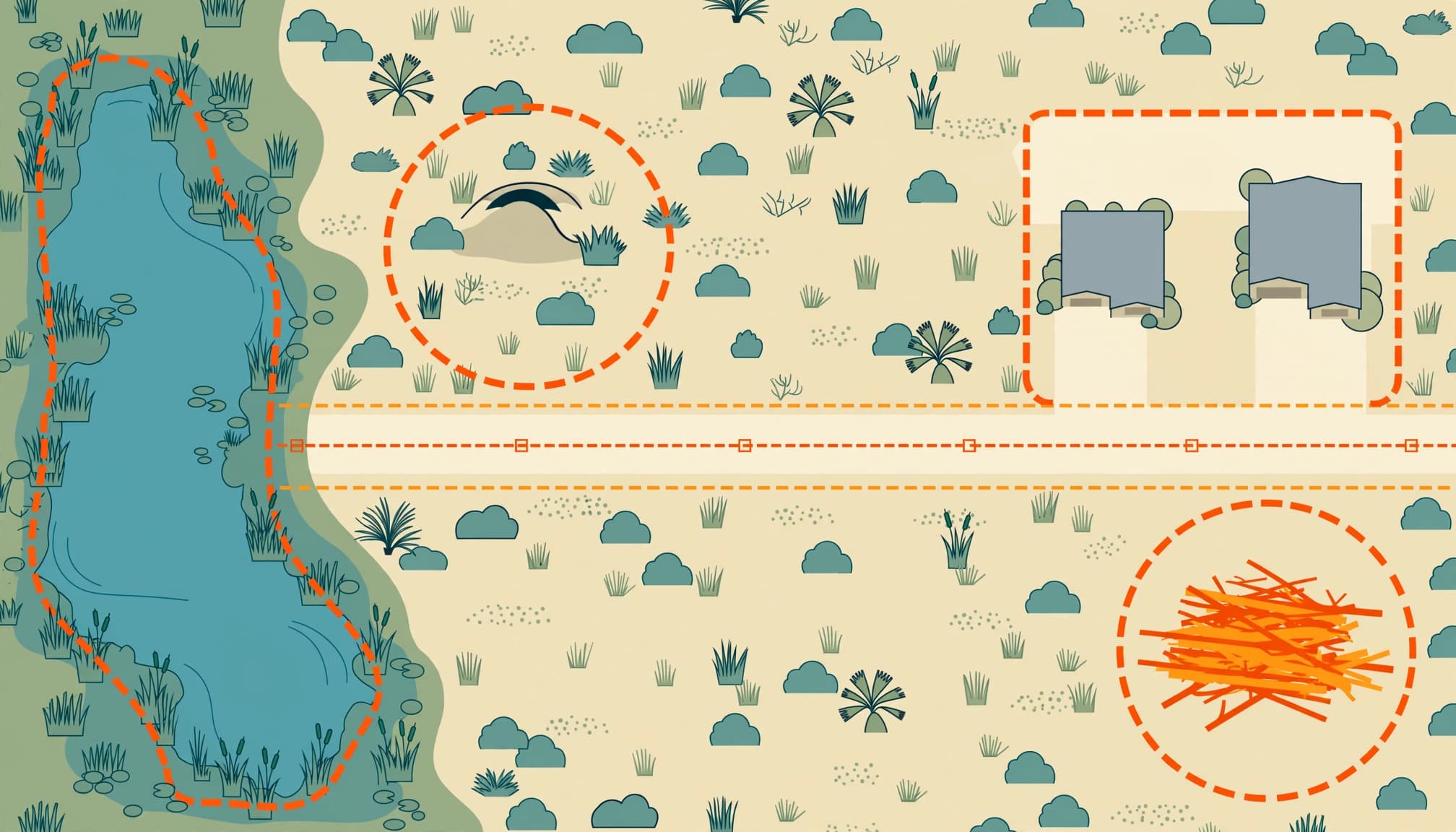 Illustration of a Florida lot with wetlands, a tortoise burrow, underground utilities, and a brush pile