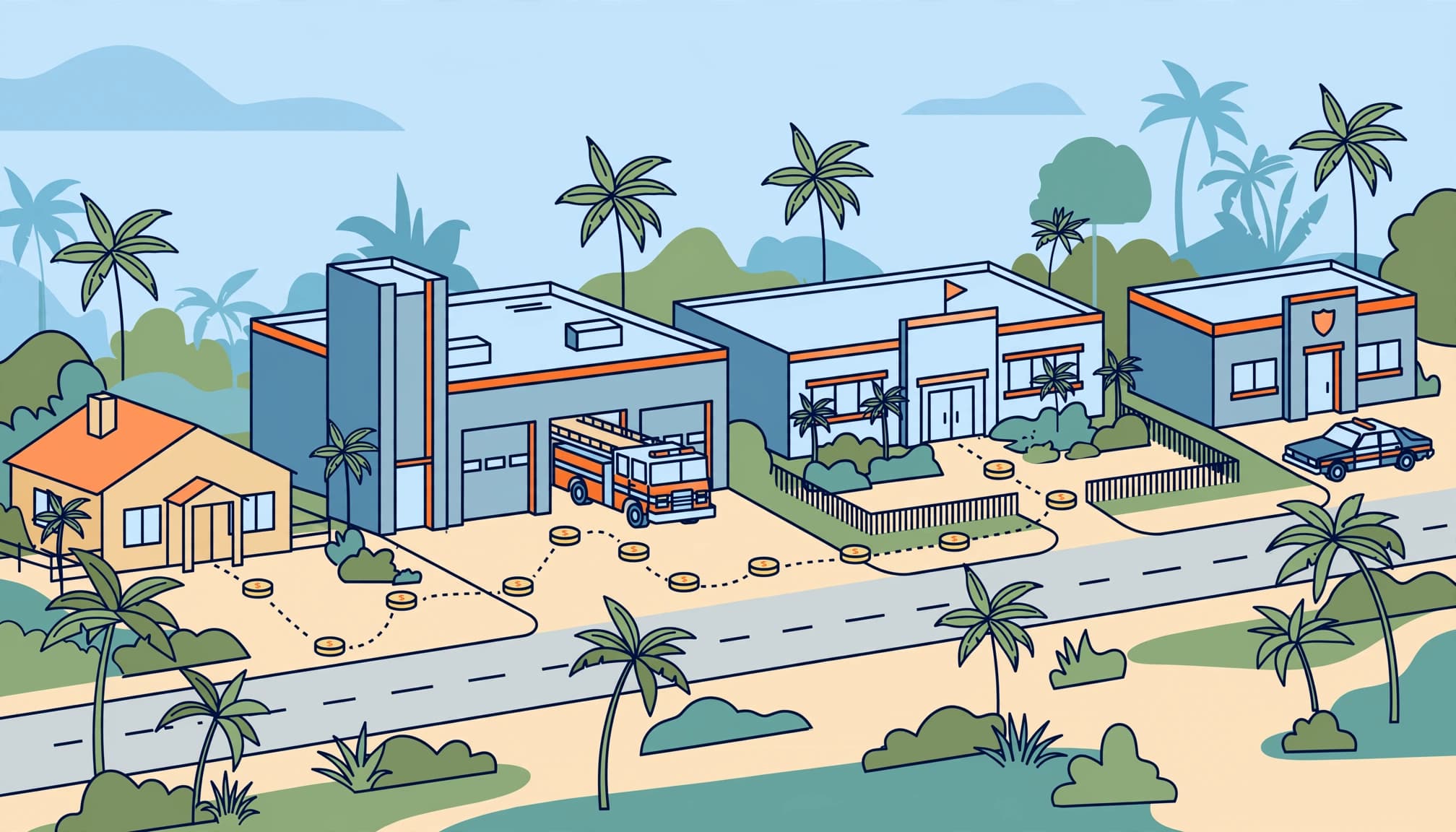 Florida property taxes supporting illustrated public schools, roads, fire protection, and police services.
