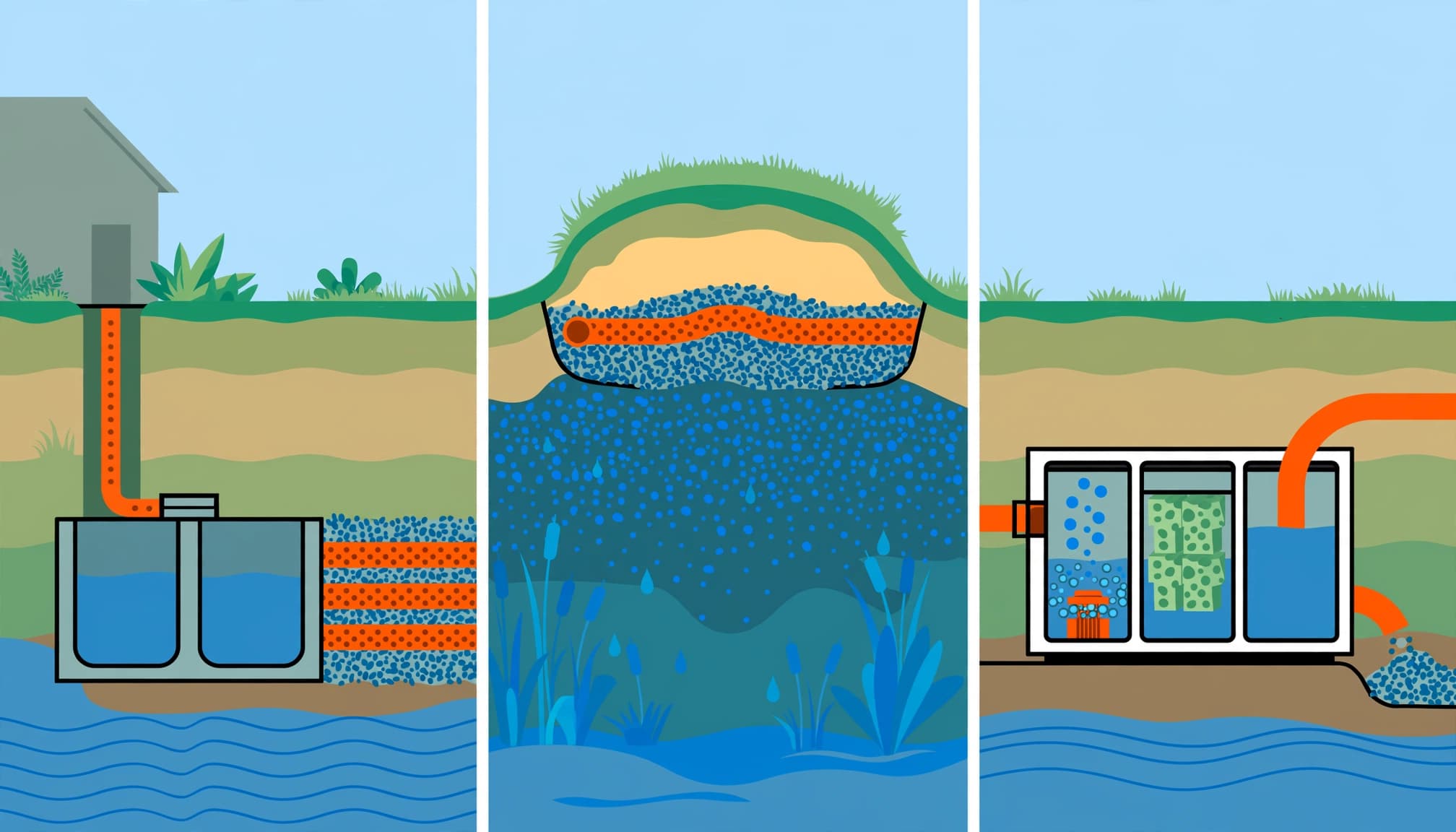 Florida septic system options shown as conventional, mound, and aerobic treatment cutaways