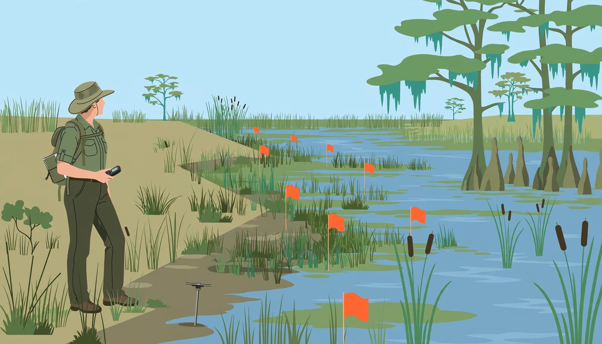 An environmental professional documenting wetland conditions beside boundary flags and cypress trees.