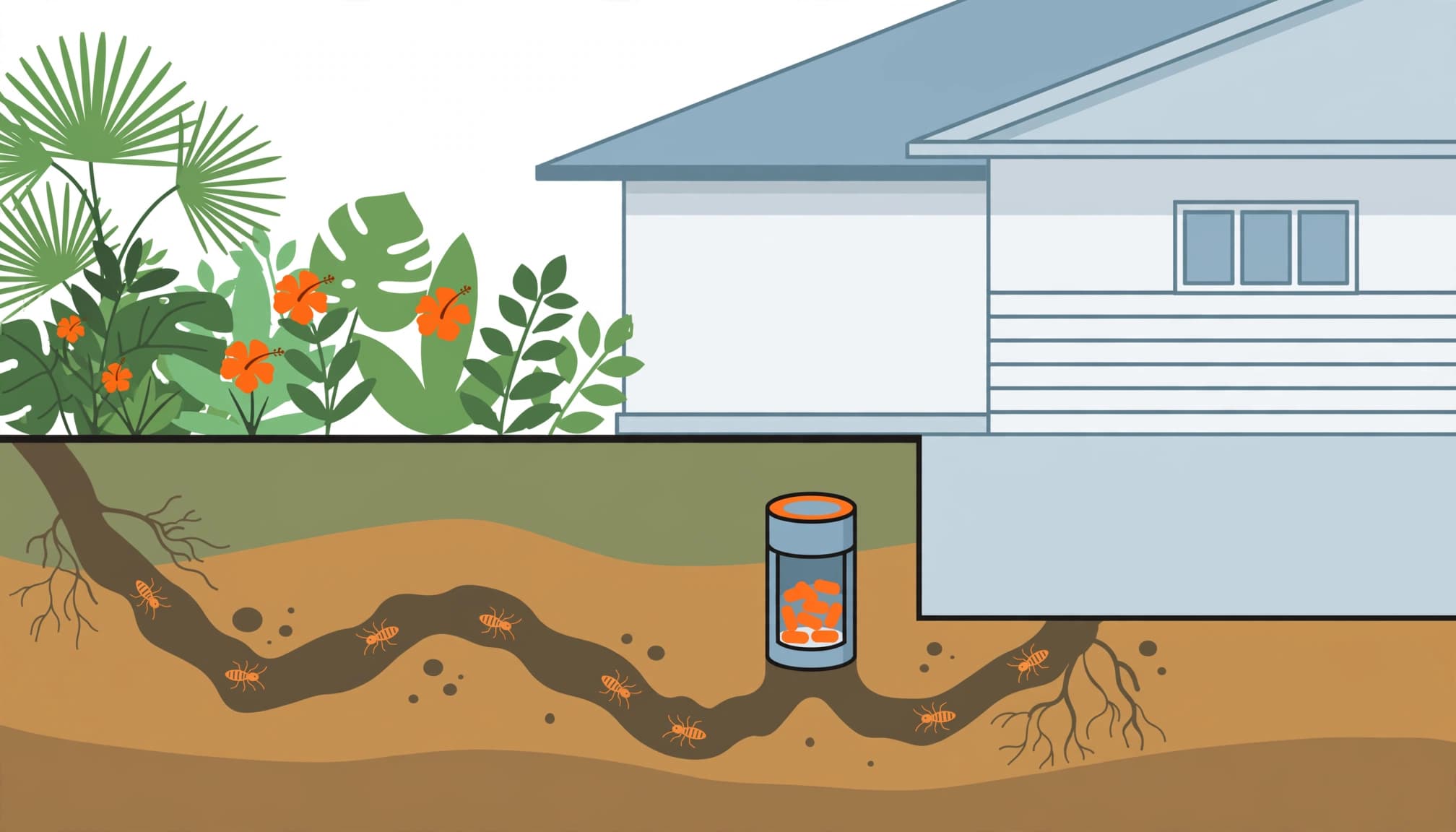 A termite bait station beside a new home's foundation