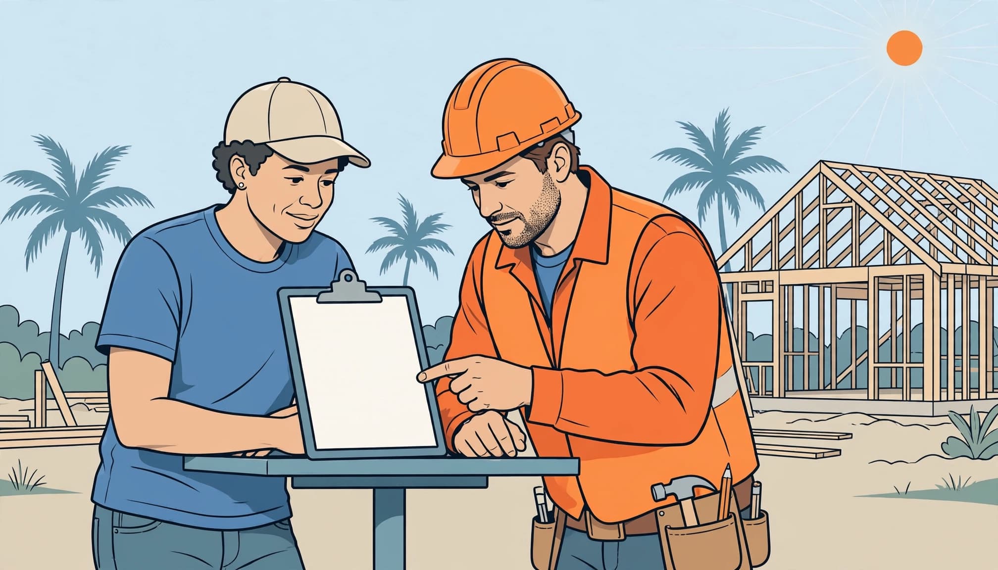 Florida lien releases reviewed by a homeowner and contractor beside a house under construction