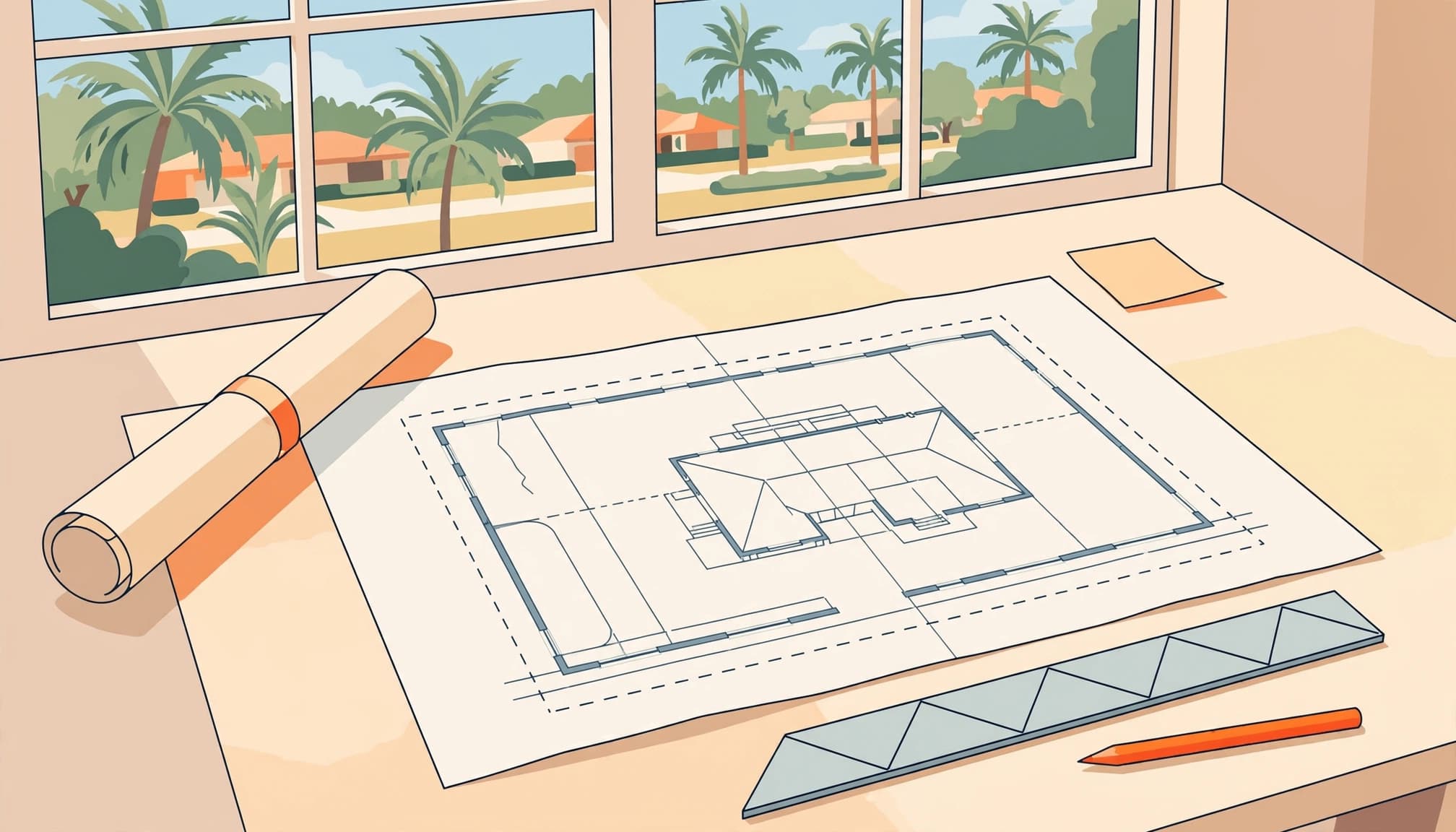 Florida zoning setbacks reviewed on survey and house plans with a measuring scale and orange pencil.